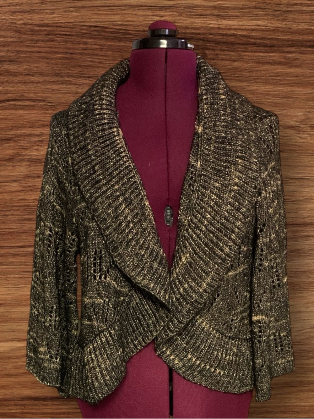 Roz & Ali Black and Gold Metallic Shawl Collar Cardigan